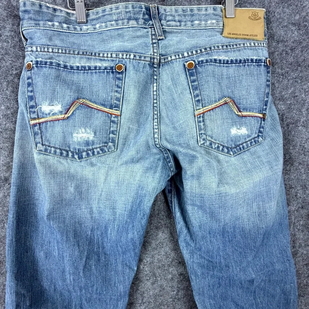 LA Denim Atelier Jeans Mens 34 Blue Denim Distressed Whiskers Low Rise Straight